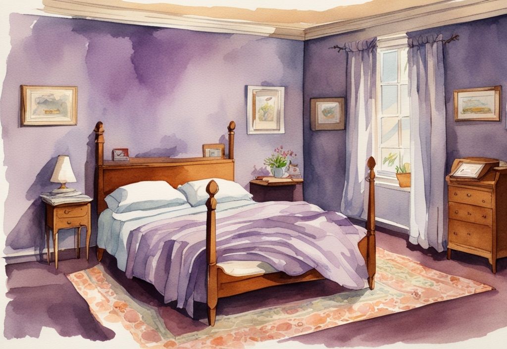Vintage Aquarellillustration eines ordentlich gemachten Bettes mit bunten Bettwäsche, Kalender zeigt wie oft Bett beziehen.