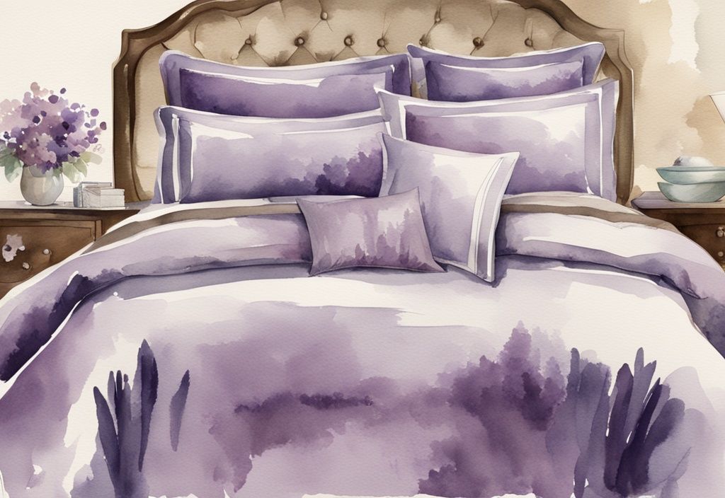 Vintage Aquarellillustration eines geschmackvoll eingerichteten Schlafzimmers mit luxuriöser Satin Bettwäsche in Lavendelfarben, die glatte Textur und glänzendes Finish hervorhebt. was ist Satin Bettwäsche