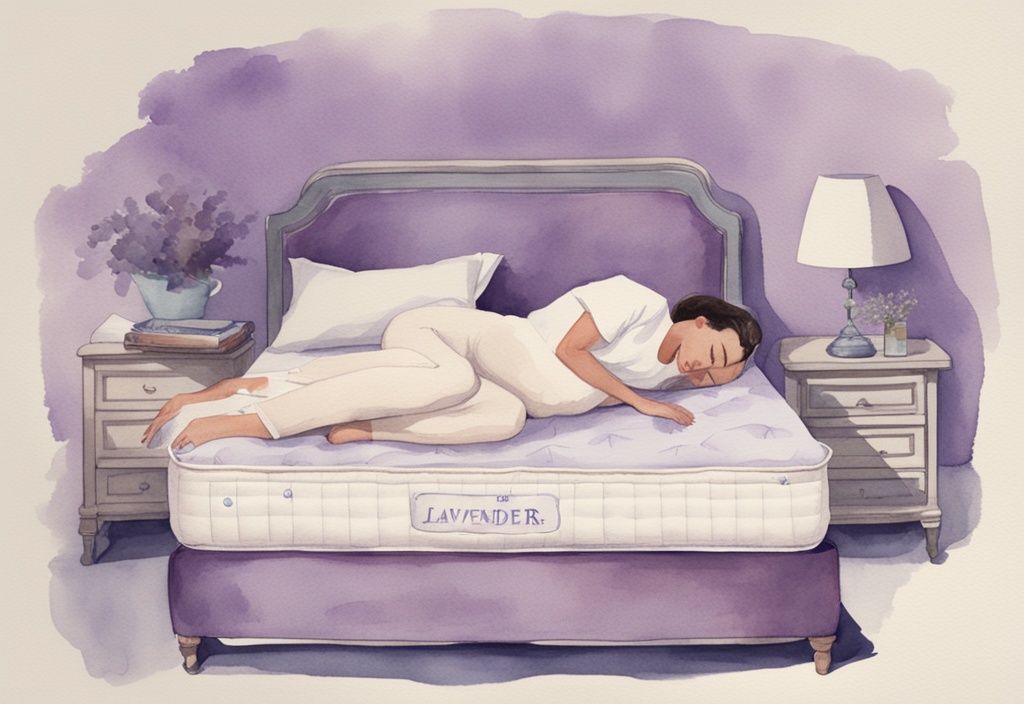 Vintage-Aquarell-Illustration in Lavendeltönen zeigt einen Bauchschläfer auf einer Matratze, umgeben von verschiedenen Matratzenarten, welche Matratze für Bauchschläfer.