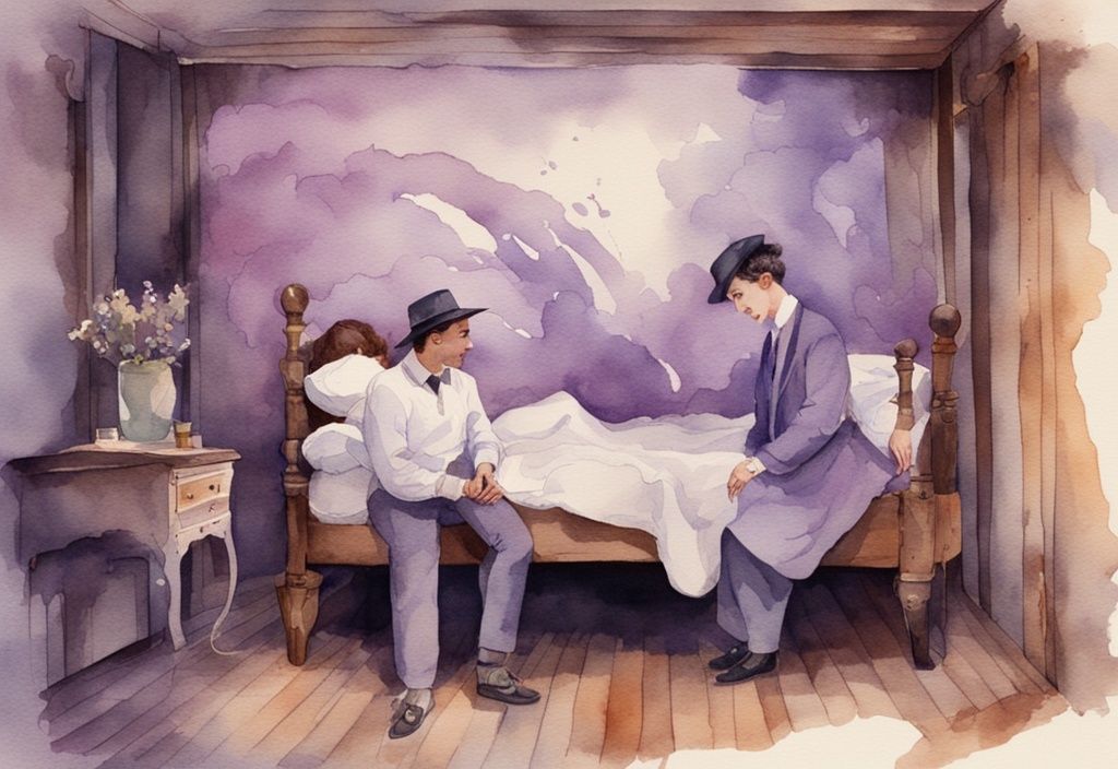 Vintage Aquarell-Illustration eines Paares auf einem alten Holzbett mit sichtbaren Vibrationen und Schallwellen in Lavendelfarben.
