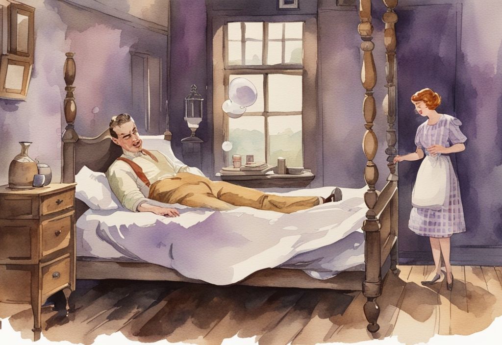 Vintage-Aquarellillustration eines Paares auf einem alten Holzbett, Mann dreht sich zur Seite, Bett quietscht bei jeder Bewegung, Comic-Blase zeigt Quietschgeräusch, Lavendel-Farbthema.