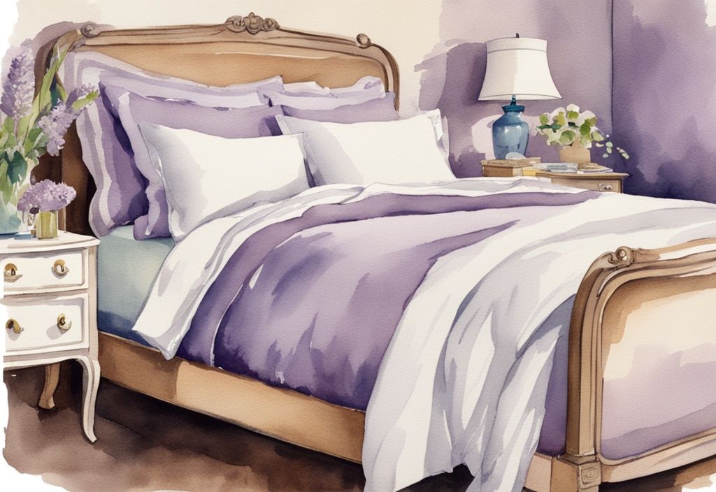 Vintage Aquarell-Illustration eines ordentlich gemachten Bettes mit Perkal-Bettwäsche, einschließlich frischer Laken, Kissenbezüge und Bettdecke, in Lavendelfarben; kleines Etikett zeigt Stoffart – was ist Perkal Bettwäsche