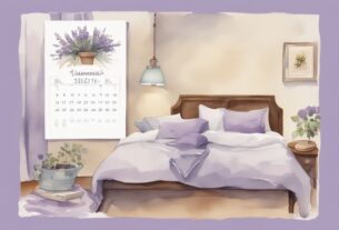 Vintage-Aquarell-Illustration in Lavendeltönen, Kalender mit markierten Tagen an der Wand, frische Bettwäsche auf dem Bett - wie oft sollte man Bettwäsche wechseln