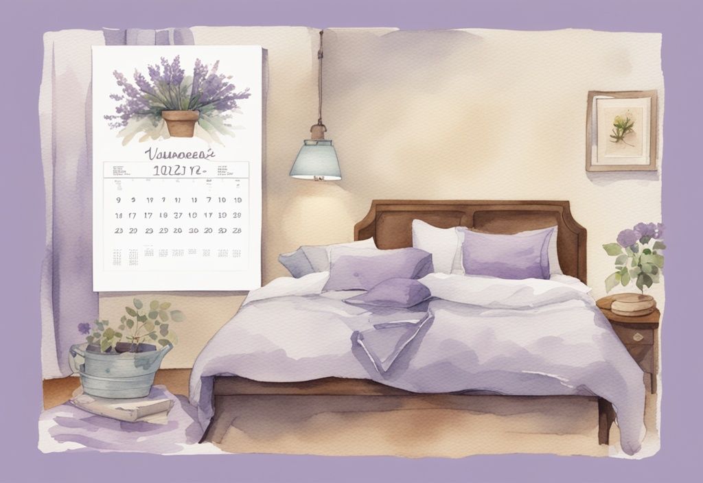 Vintage-Aquarell-Illustration in Lavendeltönen, Kalender mit markierten Tagen an der Wand, frische Bettwäsche auf dem Bett - wie oft sollte man Bettwäsche wechseln