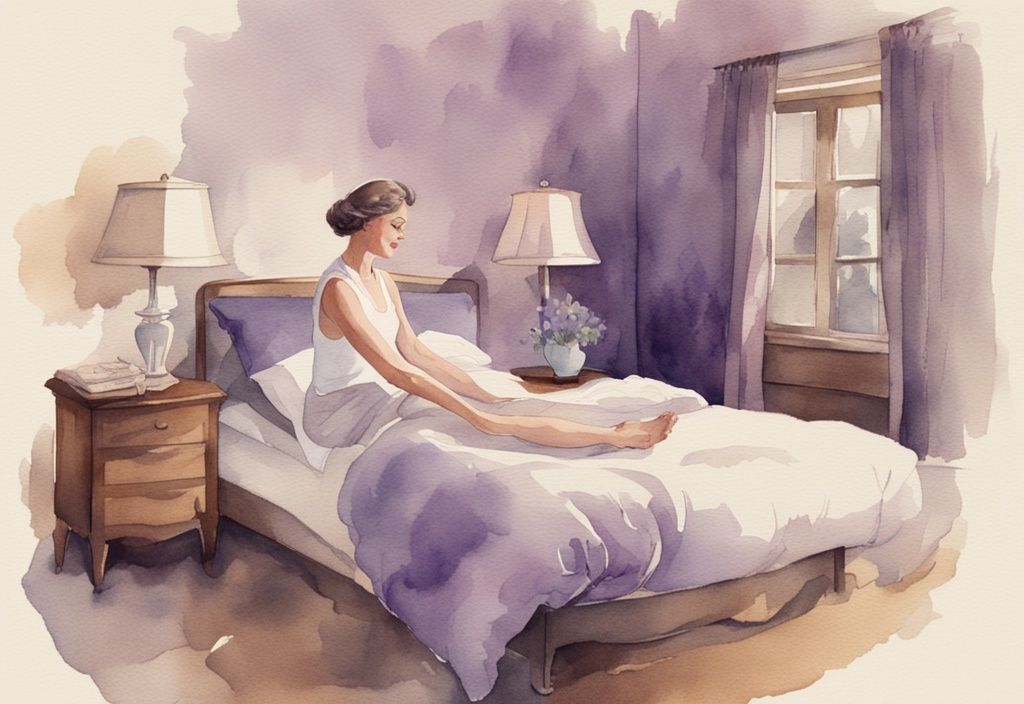 Vintage Aquarell-Illustration einer Person, die sich morgens im Bett dehnt, mit Lavendel als Hauptfarbthema