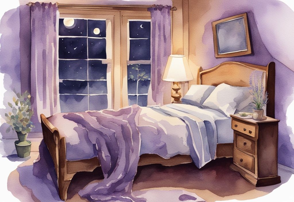 Vintage Aquarell-Illustration eines ruhigen Schlafzimmers bei Nacht mit Lavendel-Farbschema, digitaler Uhrzeit, schlafbereiter Person und mondbeschienenem Fenster, das die ideale Schlafenszeit andeutet.