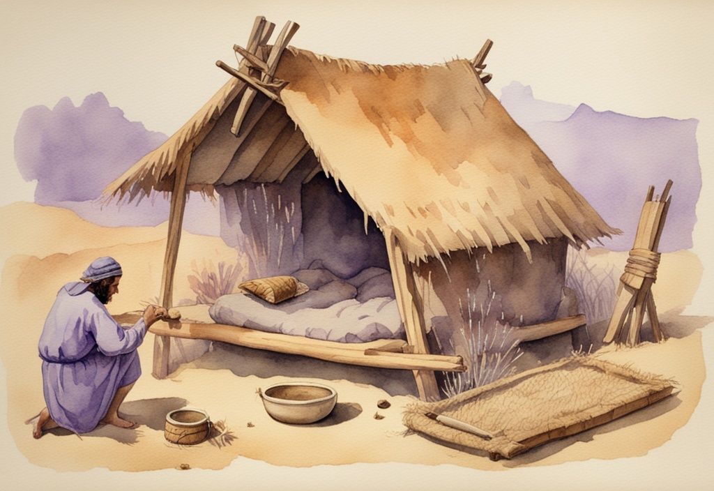 Vintage Aquarellillustration, die zeigt, wie frühe Menschen das erste Bett mit einfachen Materialien wie Stroh, Tierfellen und Holz erfinden; wer hat das Bett erfunden