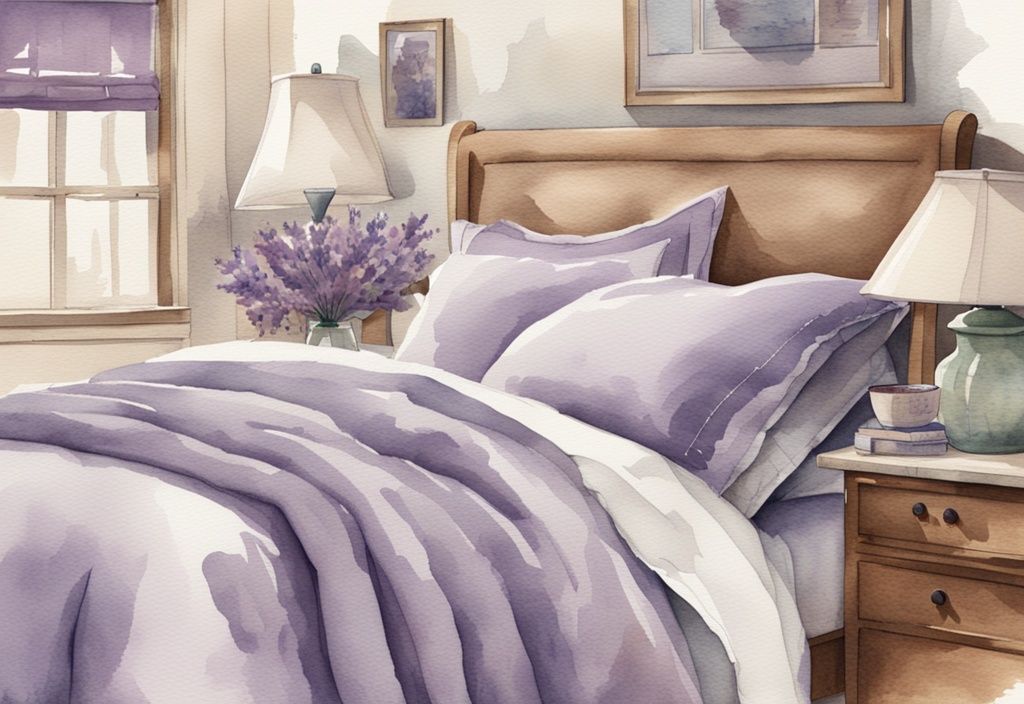 Vintage Aquarell-Illustration eines ordentlich gemachten Bettes mit Leinenbettwäsche in Lavendelfarben, Nahaufnahme der Textur und Materialdetails.