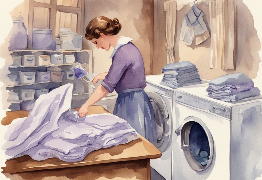 Vintage-Aquarell-Illustration einer Person, die Bettwäsche sortiert und in eine Waschmaschine legt, mit einem sichtbaren Waschmittelkasten daneben - wie wäscht man Bettwäsche