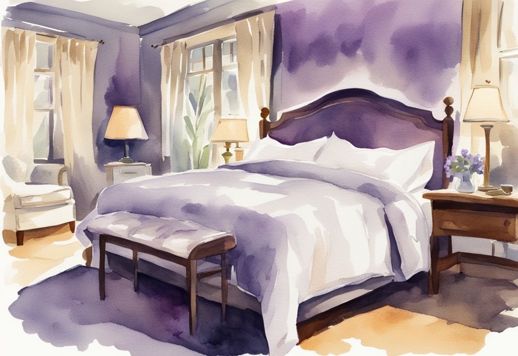 Vintage Aquarellillustration eines ordentlich gemachten Bettes mit weißen Bettwäsche, flauschigen Kissen und einer gefalteten Hoteldecke in einem gut beleuchteten, einladenden Schlafzimmer, Bett machen wie im Hotel.