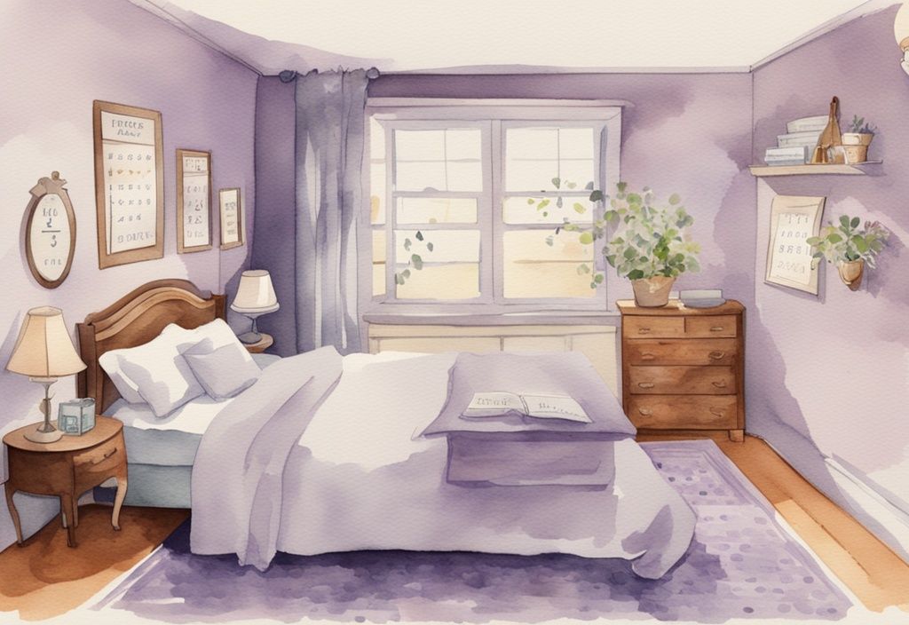 Vintage-Aquarellillustration mit Lavendelthema, Kalender mit markierten Daten an der Wand neben einem Bett mit frischen und sauberen Bettlaken, wie oft Bett beziehen