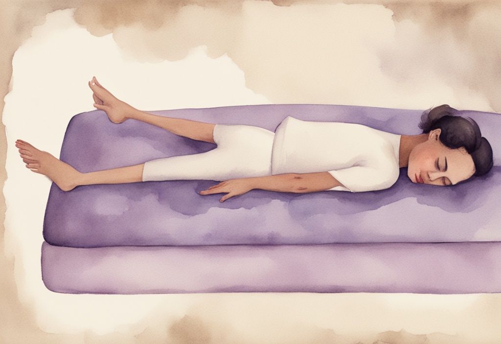 Vintage Aquarellillustration einer Person auf einer Matratze, die Rückenschmerzen lindert, mit Fokus auf die Wirbelsäulenausrichtung - welche Matratze bei Rückenschmerzen.