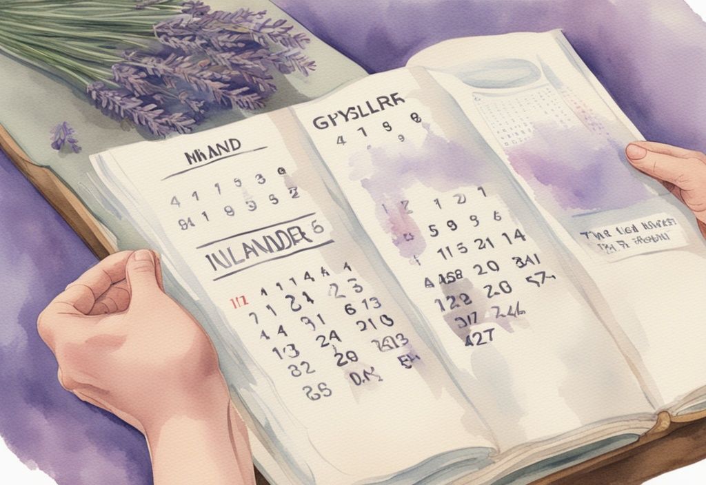 Vintage Aquarell-Illustration mit Lavendel-Farbschema, zeigt Hände, die einen Kalender mit Matratzenbildern auf jeder Seite umblättern, symbolisiert die Lebensdauer einer Matratze.