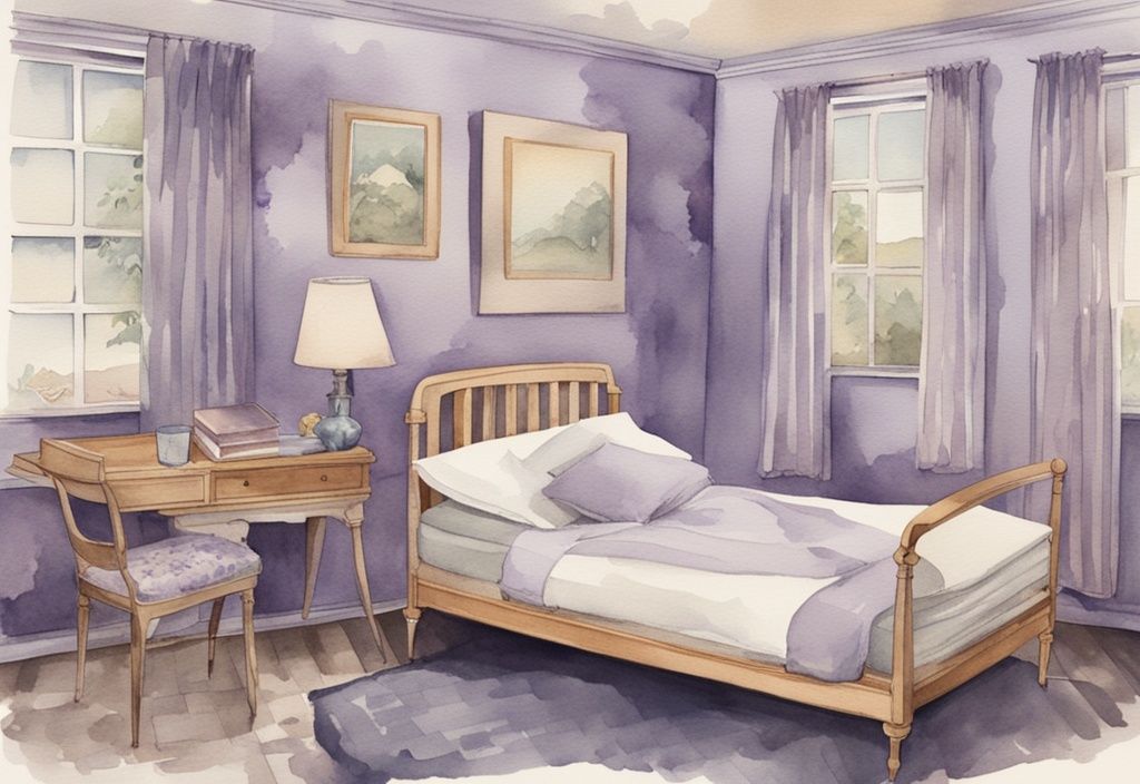 Vintage Aquarell-Illustration von Lattenrosten und Matratzen in Lavendelfarben, ideale Kombinationen zeigend