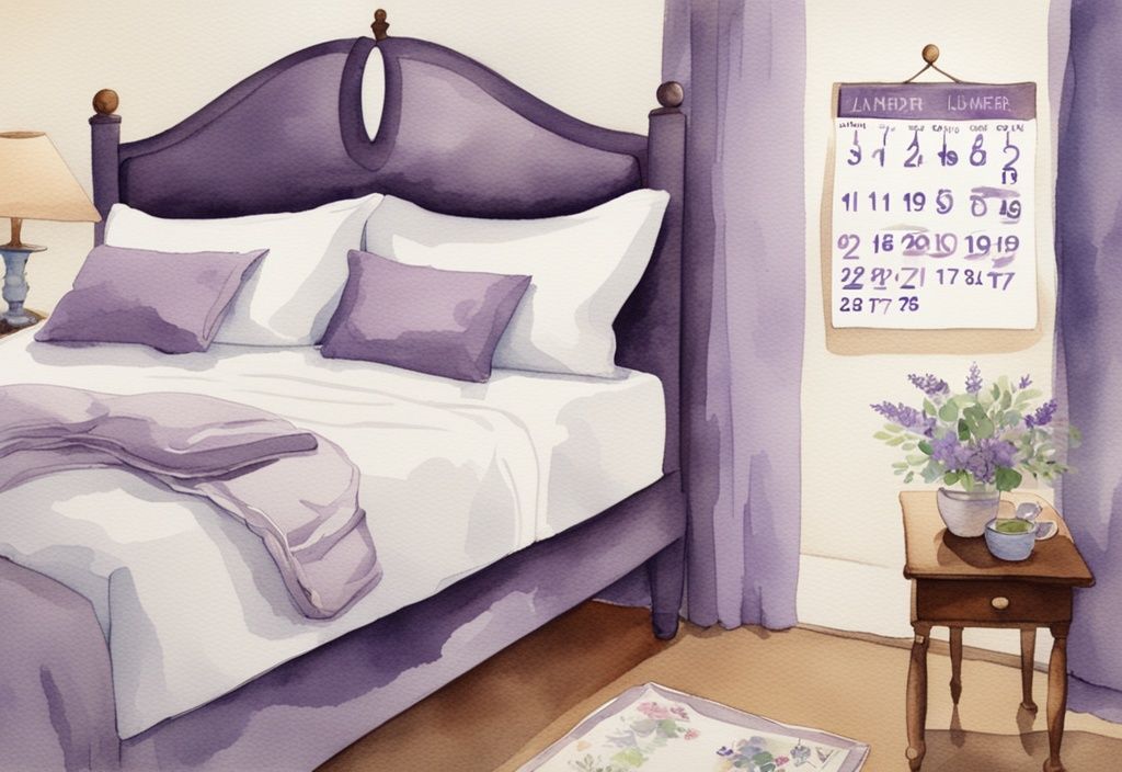 Vintage Aquarell Illustration mit Lavendel-Farbthema, Kalender im Vordergrund mit markierten Daten, Bett mit frischer Bettwäsche im Hintergrund