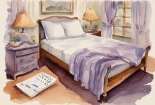 Vintage Aquarellillustration eines ordentlich gemachten Betts mit frischer Bettwäsche in Lavendelfarben und einem Kalender, der zeigt, wie oft sollte man sein Bett neu beziehen.