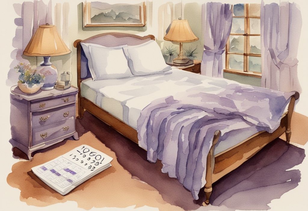 Vintage Aquarellillustration eines ordentlich gemachten Betts mit frischer Bettwäsche in Lavendelfarben und einem Kalender, der zeigt, wie oft sollte man sein Bett neu beziehen.