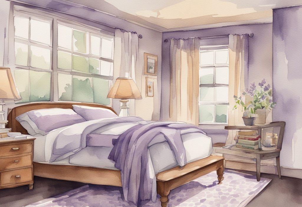 Vintage Aquarell-Illustration eines gemütlichen Schlafzimmers mit Lavendelfarben, zeigt Matratze mit und ohne Topper, betont Unterschied in Komfort und Unterstützung