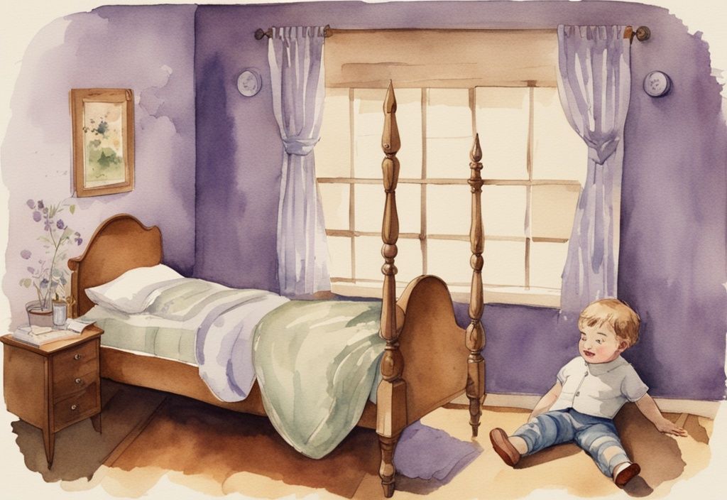 Vintage-Aquarell-Illustration eines Zeitstrahls mit Lavendel-Thema, der verschiedene Wachstumsphasen eines Kindes zeigt, mit besonderem Fokus auf das Alter, in dem Kinder aufhören aus dem Bett zu fallen.
