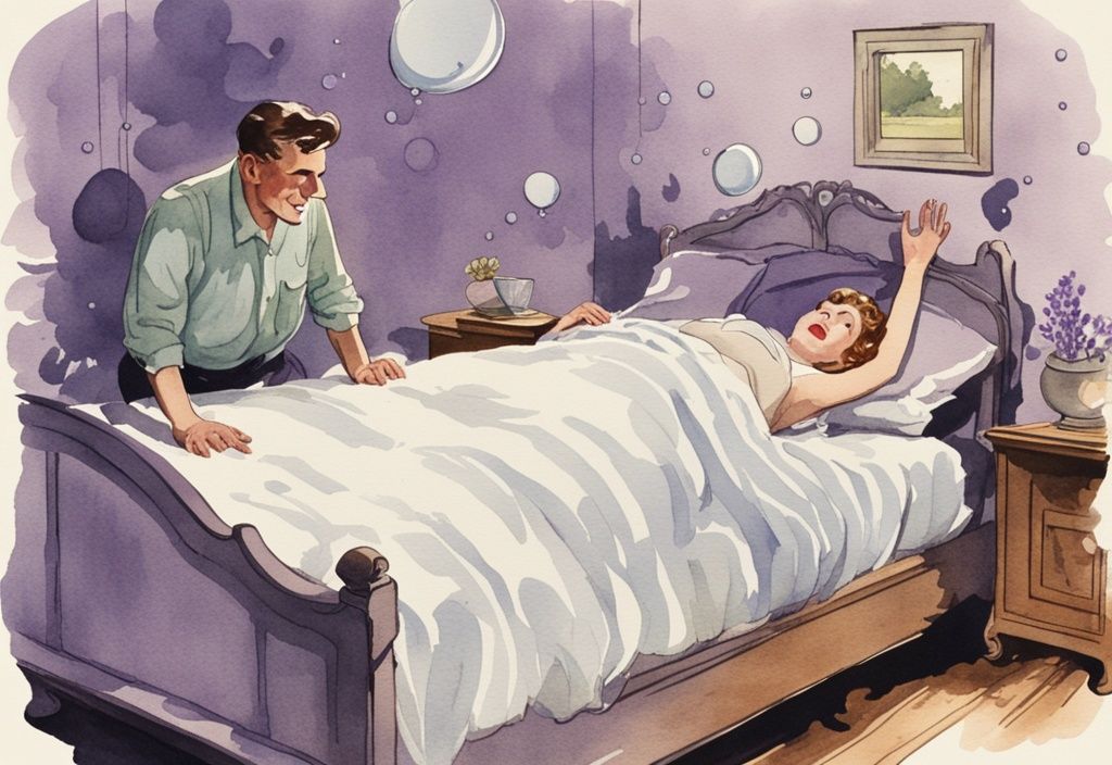 Vintage Aquarellillustration eines Paares auf einem alten Holzbett, das bei jeder Bewegung quietscht, mit Lavendel als Hauptfarbthema.