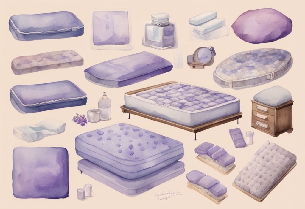 Vintage Aquarellillustration mit Lavendelthema, verschiedene Matratzen mit unterschiedlichen Härtegraden und Icons für übergewichtige Personen.