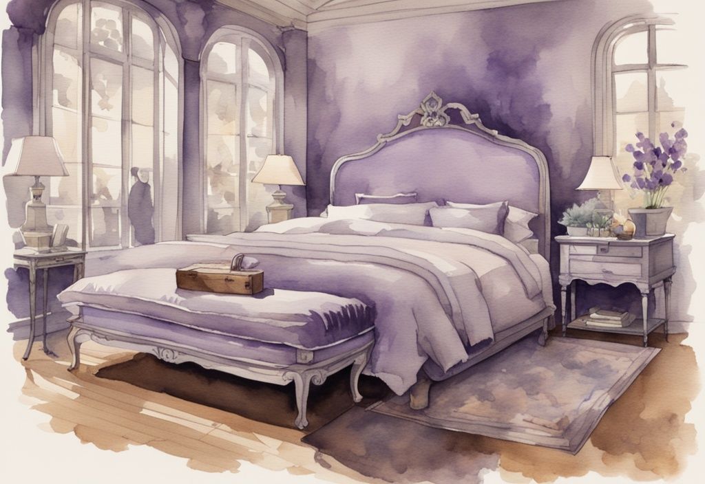 Vintage Aquarell-Illustration eines 90x200 Betts in Lavendelfarben, die die Entwicklung des Bettes von seiner Entstehung bis heute zeigt - ab wann 90x200 Bett.