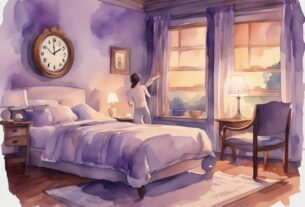 Vintage-Aquarell-Illustration eines ruhigen Schlafzimmers bei Dämmerung, eine Person bereitet sich friedlich auf das Bett vor, ein digitaler Wecker zeigt die ideale Zeit, wann ins Bett gehen.