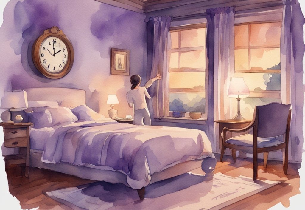 Vintage-Aquarell-Illustration eines ruhigen Schlafzimmers bei Dämmerung, eine Person bereitet sich friedlich auf das Bett vor, ein digitaler Wecker zeigt die ideale Zeit, wann ins Bett gehen.