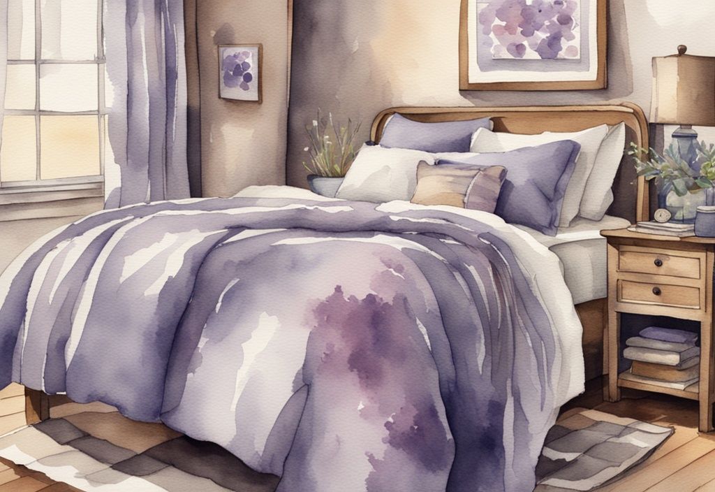 Vintage Aquarellillustration eines gemütlichen Schlafzimmers mit flauschiger Flanell-Bettwäsche in Lavendelfarben, die Textur und Wärme des Flanellstoffs hervorhebend - was ist Flanell Bettwäsche?