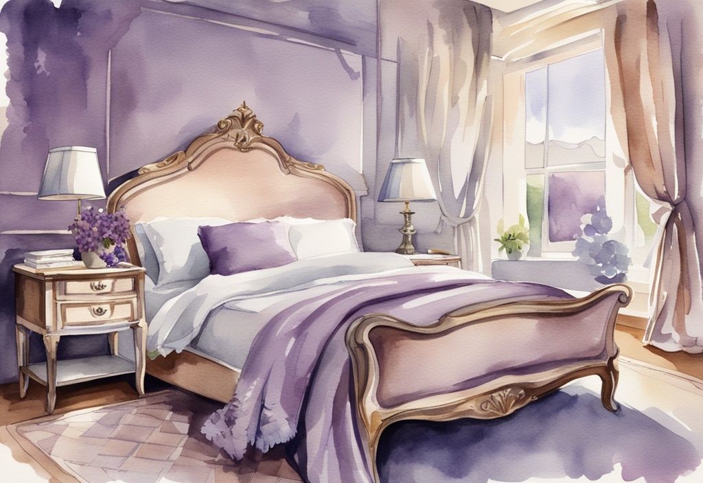 Vintage Aquarell-Illustration eines luxuriösen Schlafzimmers mit lavendelfarbenem Thema und glänzender Satinbettwäsche in sanften, einladenden Farben.