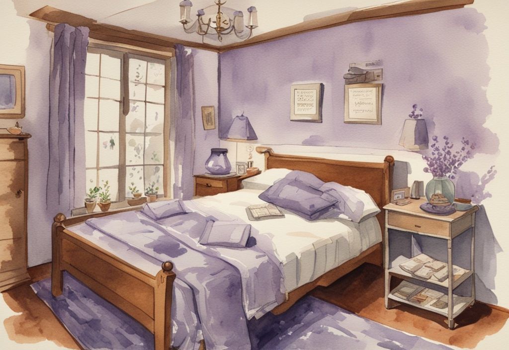 Vintage Aquarell-Illustration mit Lavendel-Farbthema, Kalender an der Wand markiert Routinewechsel der Bettwäsche, Bett im Vordergrund mit frischen, sauberen Laken.