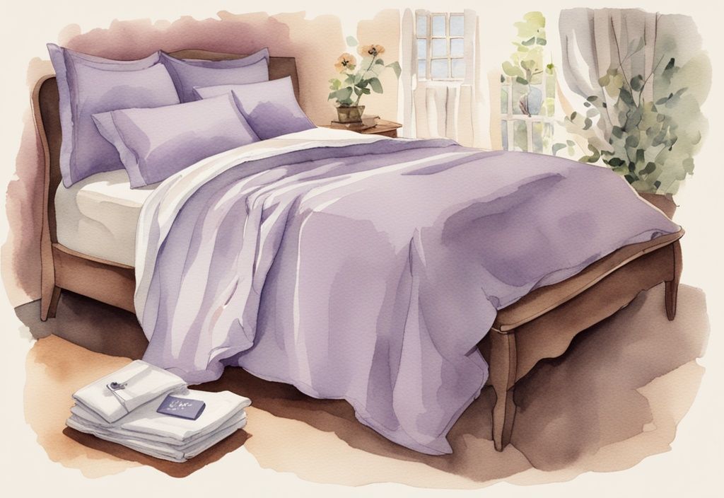 Vintage Aquarell-Illustration eines ordentlich gemachten Bettes mit Poly-Baumwoll-Bettwäsche und Nahaufnahme der Polyester- und Baumwollfasern, Hauptfarbe Lavendel