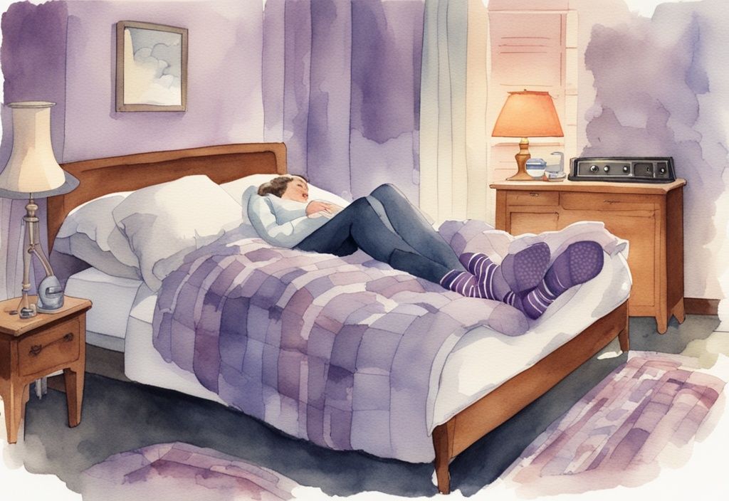 Vintage Aquarell-Illustration in Lavendel, Person liegt bequem im Bett mit warmen, flauschigen Socken, kleiner Heizlüfter wärmt das Fußende.