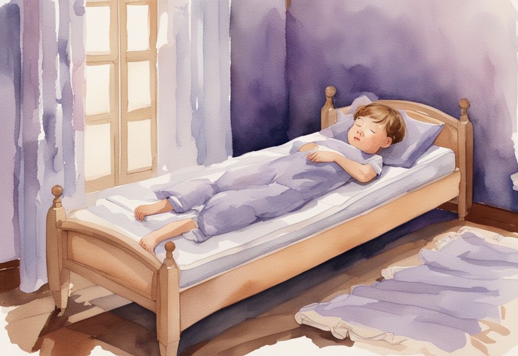 Vintage-Aquarellillustration eines friedlich schlafenden Kindes auf einer 90x200 Matratze, mit verschiedenen Matratzenoptionen im Hintergrund, welche Matratze für Kinder 90x200