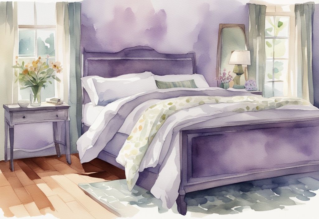 Vintage Aquarell-Illustration eines luftigen Schlafzimmers mit lavendelfarbenem Thema und sommerlicher Bettwäsche in kühlen Farben und atmungsaktiven Stoffen.