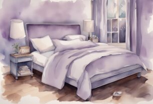 Vintage Aquarell-Illustration eines 140x200 Bettes mit perfekt passender Bettwäsche und Maßband zur Darstellung der Größe, welche Größe Bettwäsche für 140x200 Bett