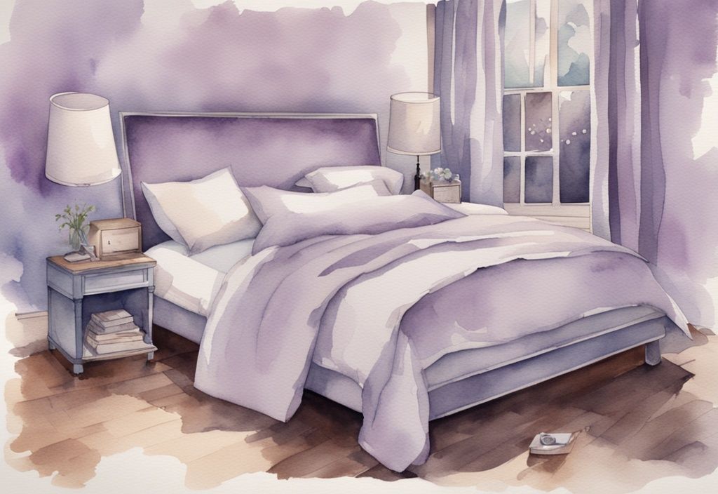 Vintage Aquarell-Illustration eines 140x200 Bettes mit perfekt passender Bettwäsche und Maßband zur Darstellung der Größe, welche Größe Bettwäsche für 140x200 Bett