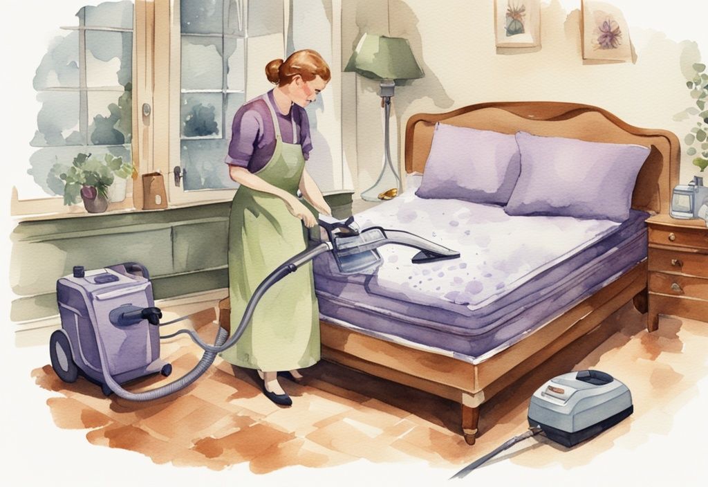 Vintage-Aquarellillustration einer Person, die eine Matratze mit Staubsauger und Reinigungslösung reinigt - wie Matratze reinigen