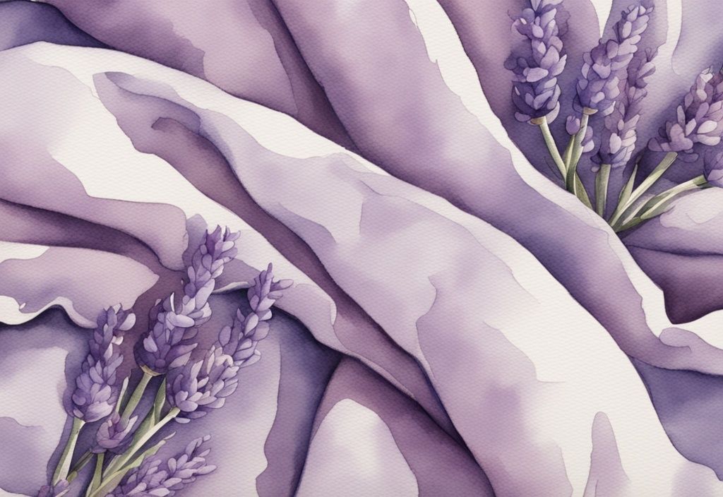 Vintage Aquarellillustration von Microfaser Bettwäsche in Nahaufnahme, die Textur und Details hervorhebt, mit kleinem Etikett zur Materialzusammensetzung - was ist Microfaser Bettwäsche