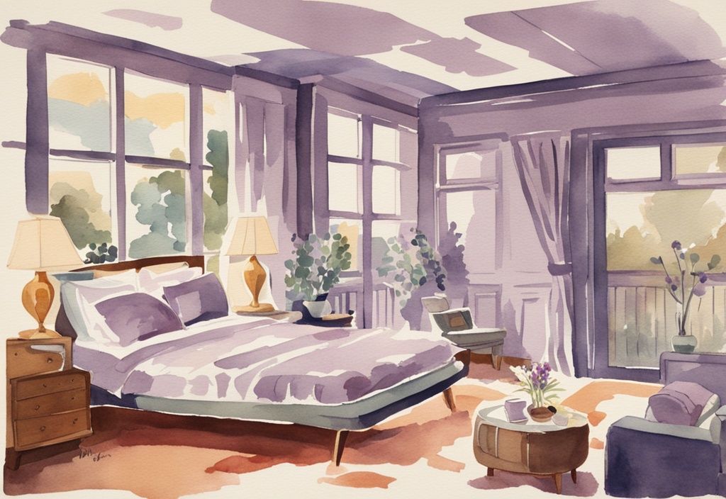 Vintage Aquarell-Illustration eines Mid-Century-Schlafzimmers mit einem Paar, das eine Queen-Size-Matratze wendet, Hauptfarbe Lavendel.