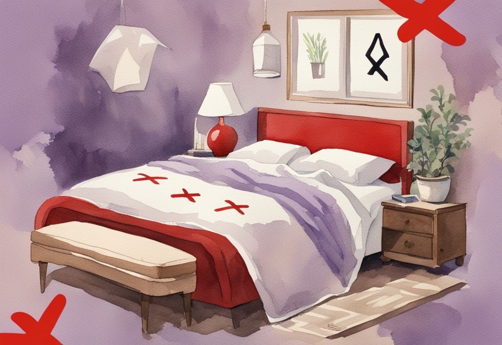 Vintage Aquarell-Illustration in Lavendel-Farbtönen, ordentlich gemachtes Bett mit Frottee-Bettwäsche und rotem 'X'-Symbol darüber, daneben ein Stapel moderner alternativer Bettmaterialien, warum gibt es keine Frottee Bettwäsche mehr.