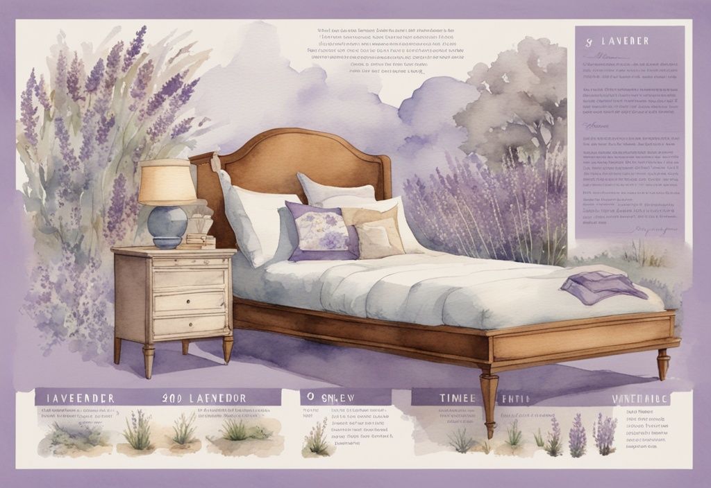 Vintage Aquarell-Illustration mit Lavendel-Farbthema, zeigt Zeitleiste der Evolution des 90x200 Bettdesigns von Anfang bis heute