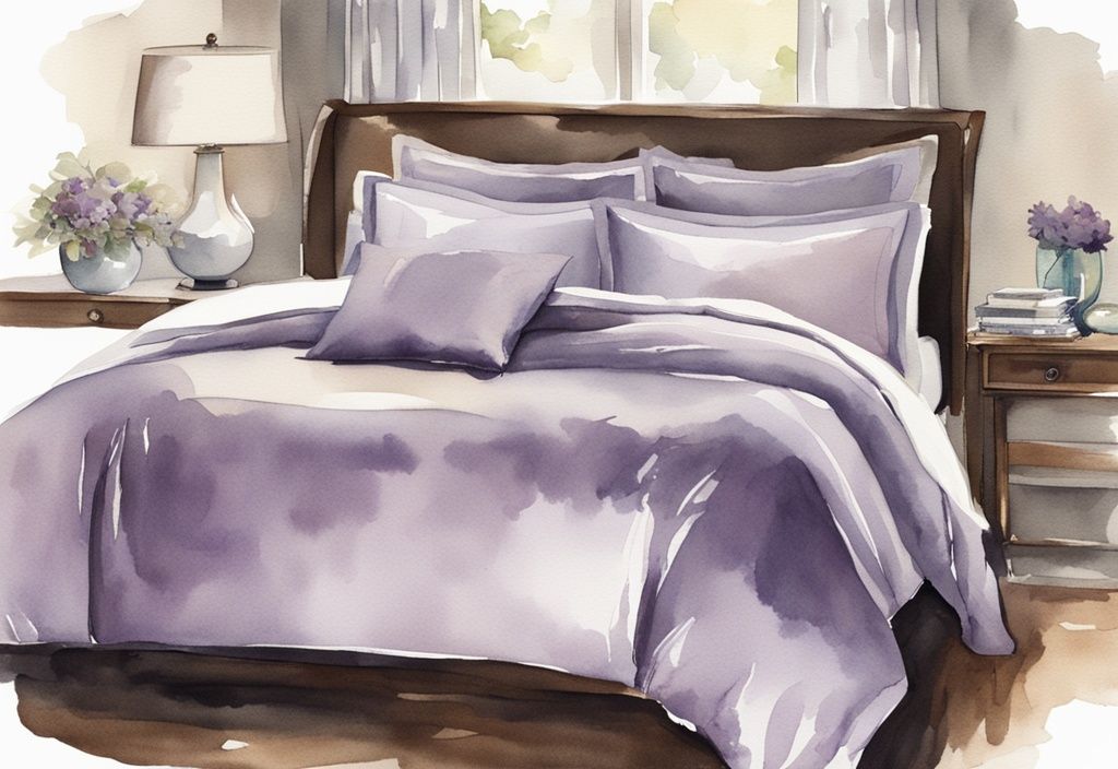 Vintage Aquarell-Illustration mit Lavendel-Thema, luxuriöses Mako Satin Bettwäsche-Set in elegantem, gut beleuchtetem Schlafzimmer, glänzende Textur und feine Webart.