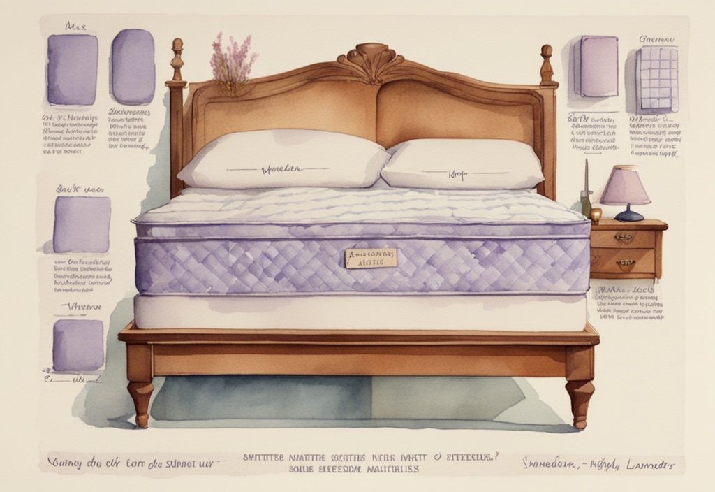 Vintage Aquarell-Illustration eines Bettaufbaus mit verschiedenen Matratzenhöhen, beschriftet als niedrig, ideal und hoch, in Lavendelfarben
