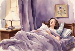 Vintage-Aquarell-Illustration einer Person, die mit einem zufriedenen Ausdruck im Gesicht im Bett liegt, die Füße in einer warmen, flauschigen Decke eingewickelt; Hauptfarbthema Lavendel; was tun gegen kalte Füße im Bett.