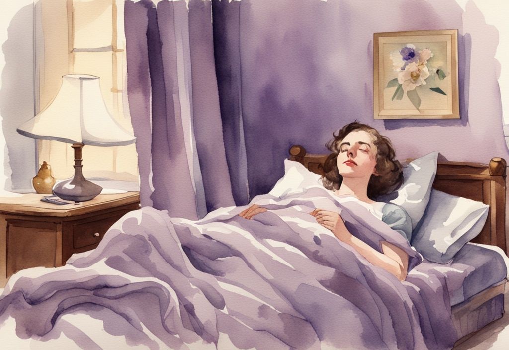 Vintage-Aquarell-Illustration einer Person, die mit einem zufriedenen Ausdruck im Gesicht im Bett liegt, die Füße in einer warmen, flauschigen Decke eingewickelt; Hauptfarbthema Lavendel; was tun gegen kalte Füße im Bett.