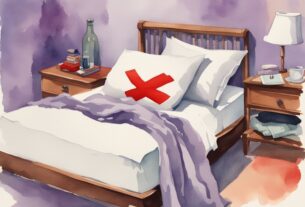 Vintage-Aquarellillustration mit Lavendel-Thema, ordentlich gemachtes Bett mit Frottee-Bettwäsche und rotem 'X' darüber, daneben ein Stapel moderner alternativer Bettmaterialien, warum gibt es keine Frottee Bettwäsche mehr.