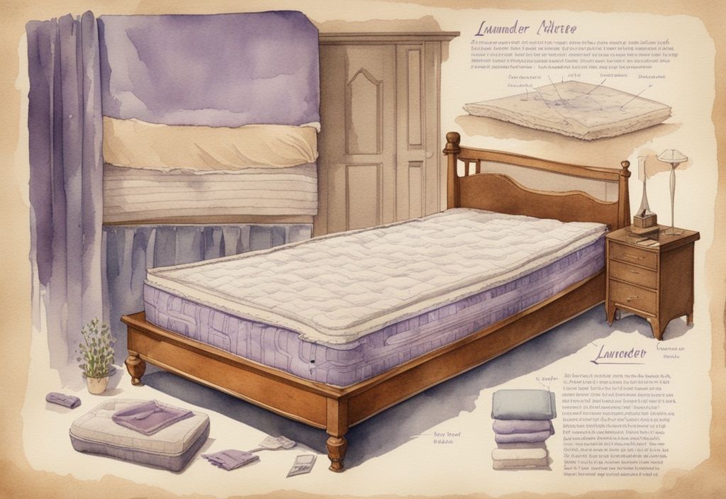 Vintage Aquarellillustration eines Matratzenquerschnitts mit Abnutzungserscheinungen und einer Zeitleiste zur Lebensdauer, Hauptfarbe Lavendel, wie lange hält eine Matratze