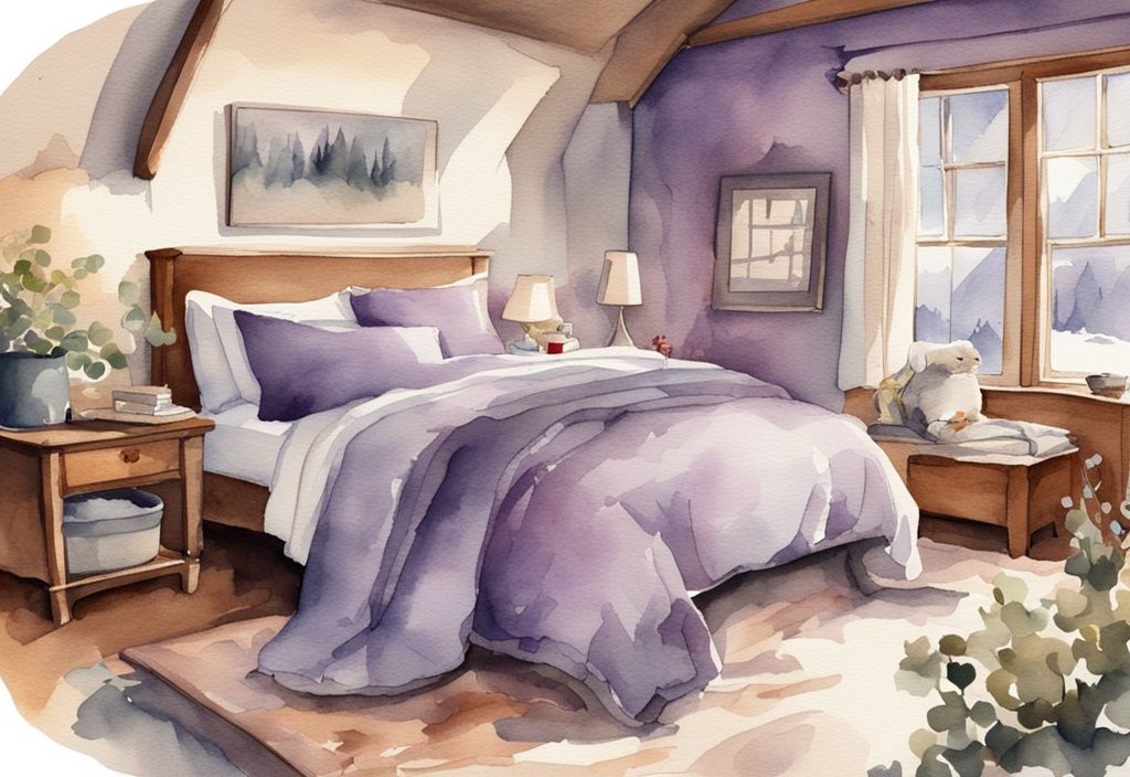 Vintage Aquarell-Illustration eines gemütlichen Schlafzimmers mit Winterbettwäsche wie dicken Bettdecken, Flanellbettlaken und flauschigen Decken in warmen Farben, perfekt für welche Bettwäsche im Winter.