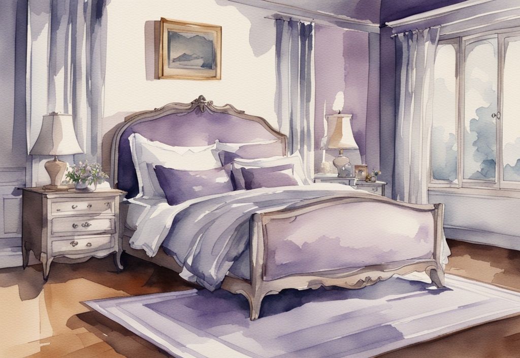 Vintage Aquarell-Illustration eines luxuriösen Schlafzimmers mit Mako Satin Bettwäsche, die glatte Textur und eleganten Glanz zeigt. Keyword: was ist Mako Satin Bettwäsche